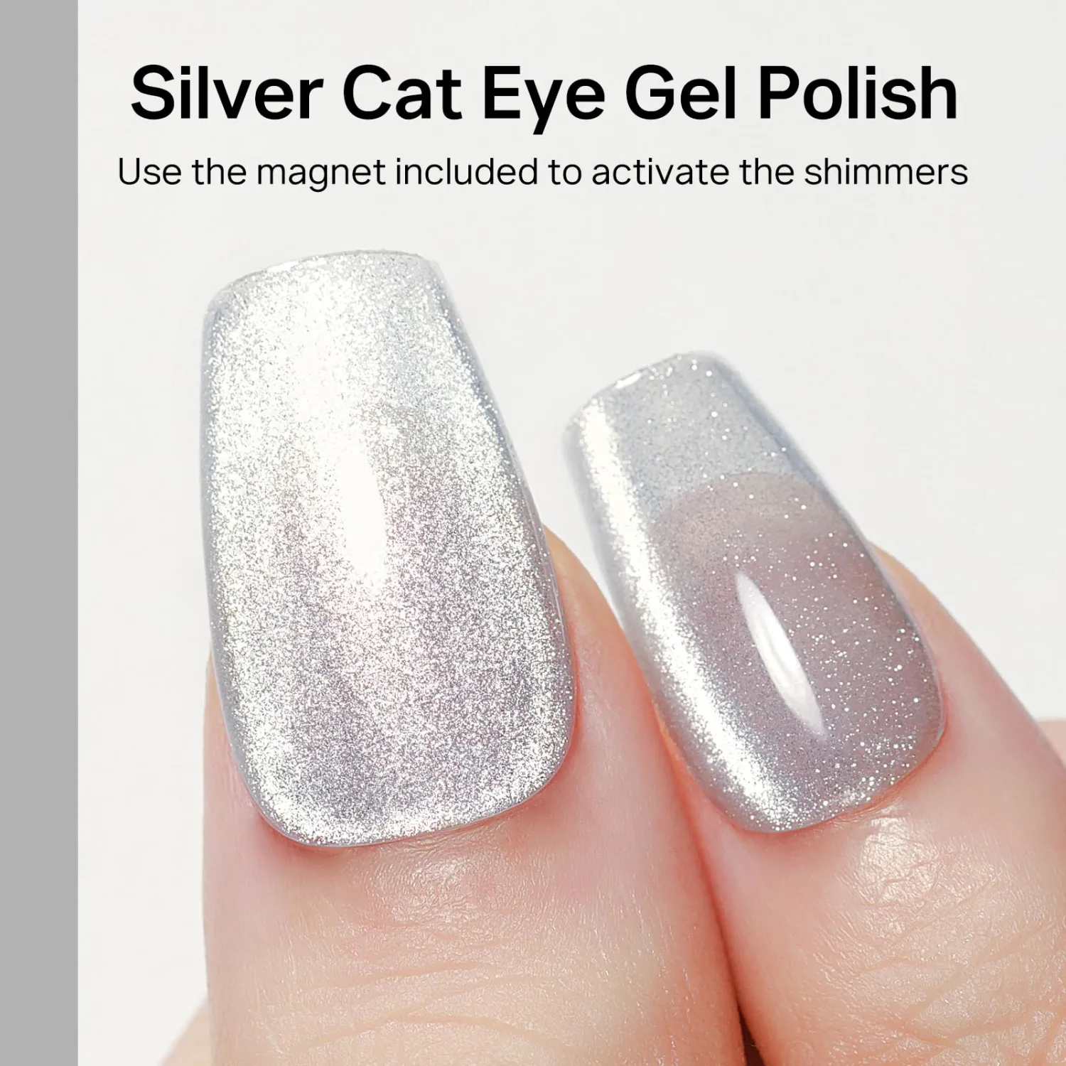 MIZHSE Universal Silver Cat Eye Gel Nail Polish, Magnetic Gel Polish with Magnet Stick, 10 ml Velvet Gray Glitter Galaxy Cateye Nail Polish Soak Off Nail Art Salon Manicure DIY at Home
