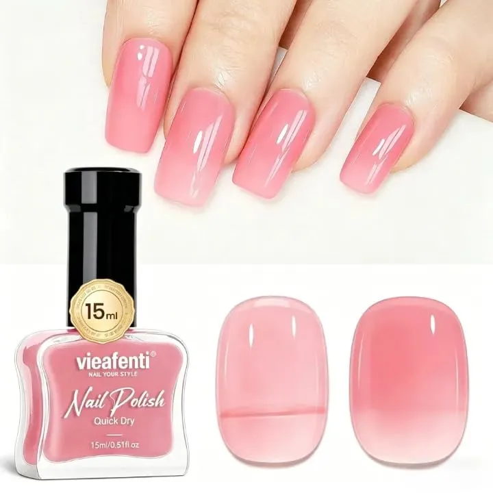 Sheer Pink Jelly Nail Polish 15ml - Translucent Pink, Non-Gel, Fast Drying - Buildable Clear Nude for Natural Nails - DIY Manicure & Nail Art