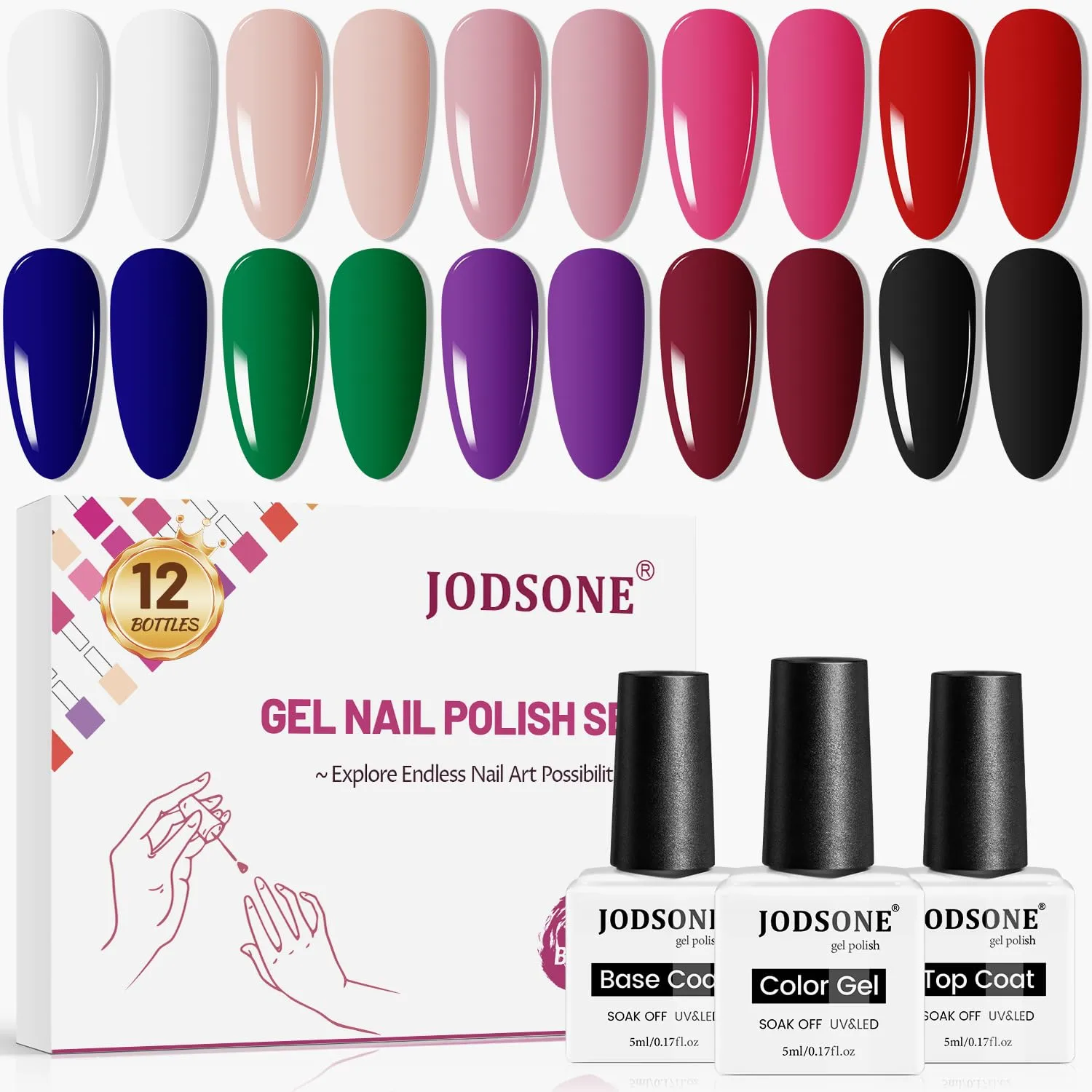 JODSONE 12 Bottles Christmas Gel Nail Polish Set Base Coat Glossy Top Coat Fast Drying Long Lasting Soak Off Wipe Free