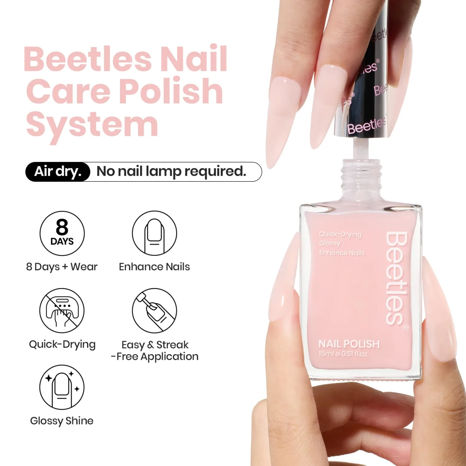 Beetles Nail Concealer - 2 In 1 Light Pink Jelly Nail Polish Nail Strengthener and Growth Fast Dry Quick Jelly Natural Nail Strengthener and Growth Treatment for Thin and Damaged Nails,0.51 FL OZ