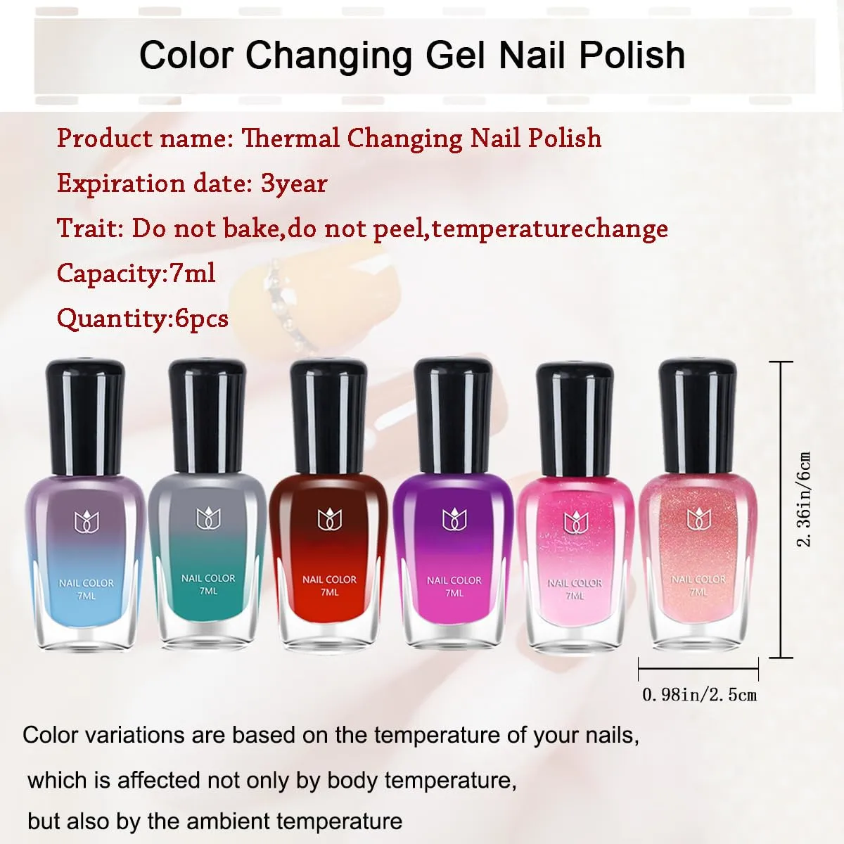 6 Pcs Color Changing Nail Polish Set, Classic Colors Quick Dry Nail Polish Kit 0.24 oz Finger Nail Color Pack Glossy Toenail Polish, Temperature Polish for Women and Girls