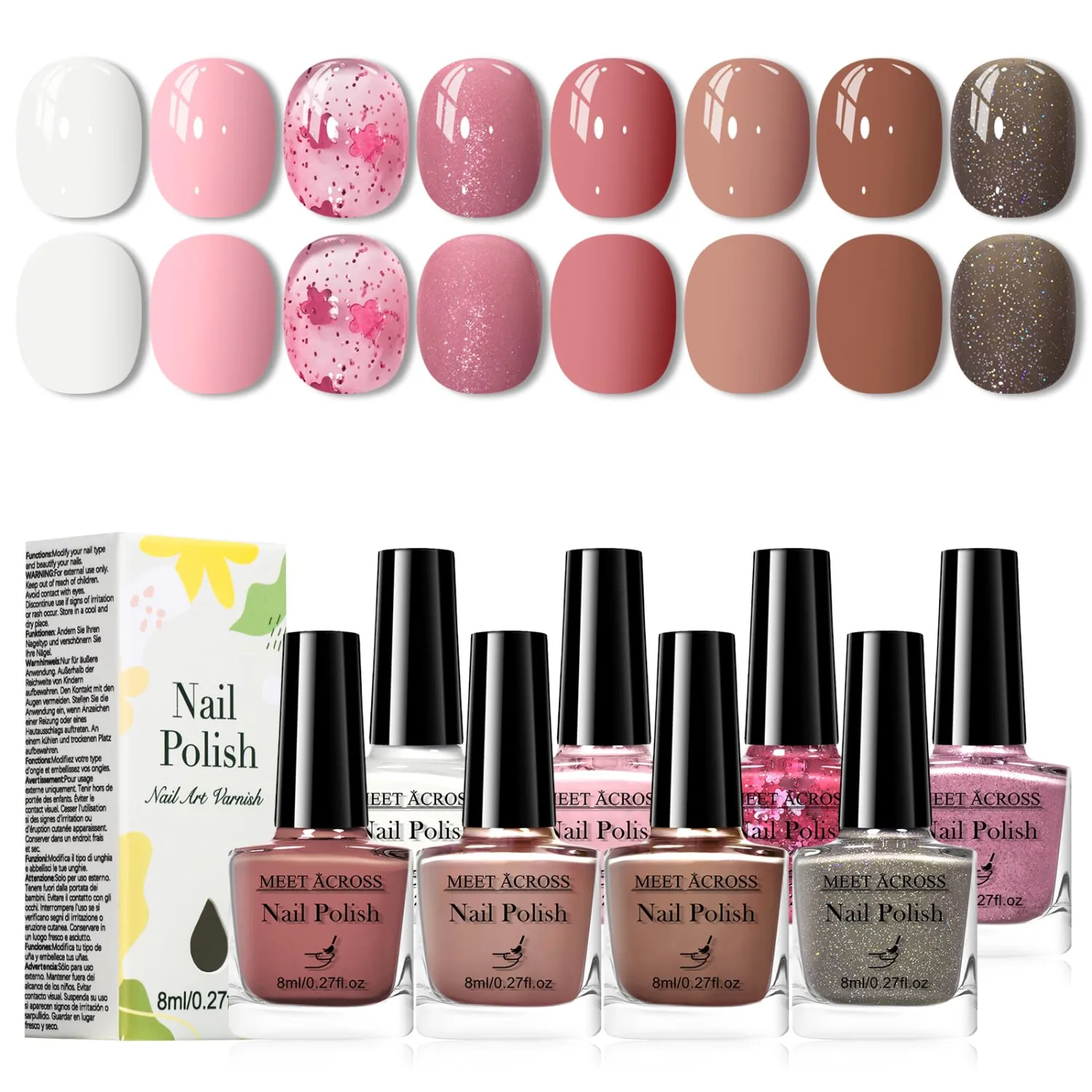 MEET ACROSS Nude Pink Nail Polish Set, 8 Colors Baby Pink Neutral Khaki Quick Air Dry Nail Polish Non Gel, Hema-free, White Brown Glitter Nail Lacquer Manicure Art DIY at Home Gift for Women