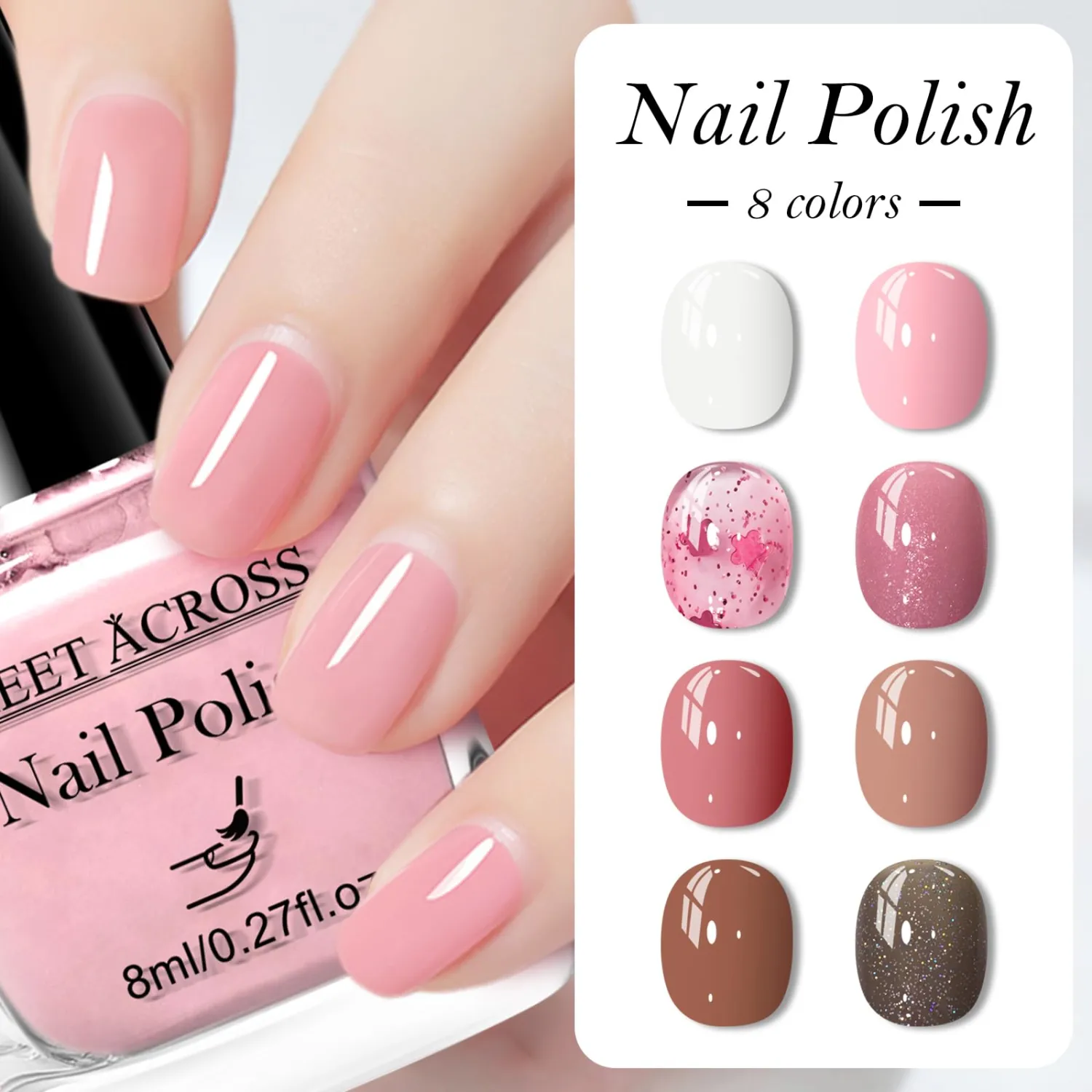MEET ACROSS Nude Pink Nail Polish Set, 8 Colors Baby Pink Neutral Khaki Quick Air Dry Nail Polish Non Gel, Hema-free, White Brown Glitter Nail Lacquer Manicure Art DIY at Home Gift for Women