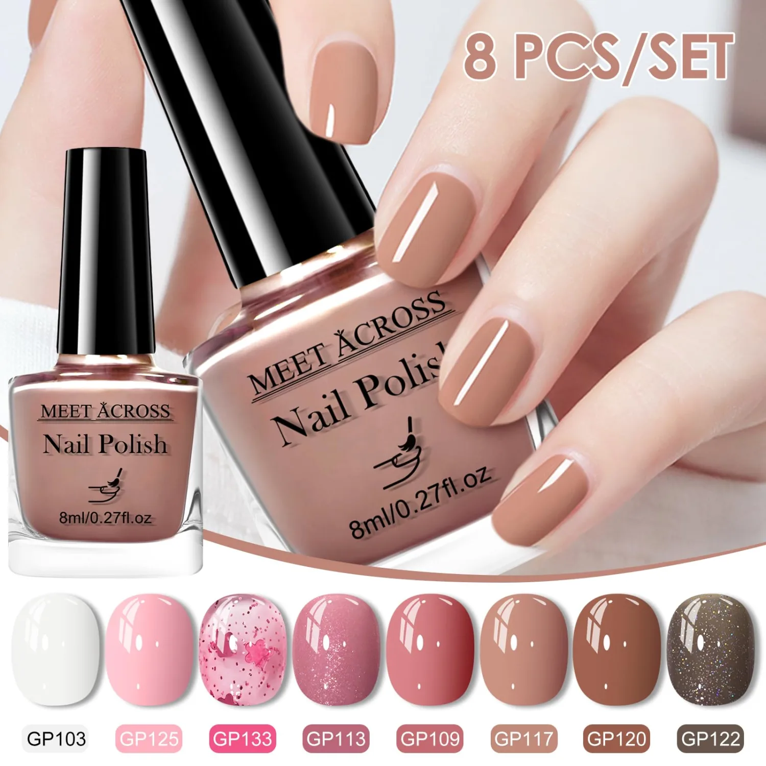 MEET ACROSS Nude Pink Nail Polish Set, 8 Colors Baby Pink Neutral Khaki Quick Air Dry Nail Polish Non Gel, Hema-free, White Brown Glitter Nail Lacquer Manicure Art DIY at Home Gift for Women