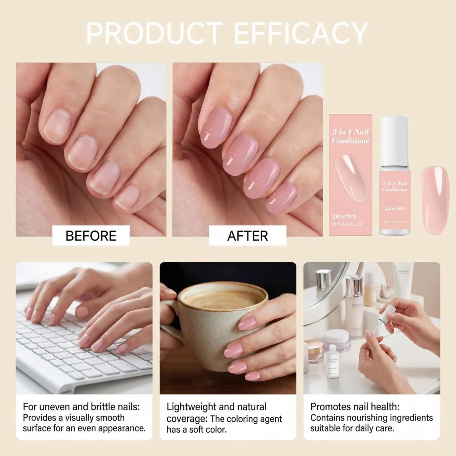 Sheer Pink Nail Polish, 3-in-1 Coloring & Nail Care, Quick Dry, Long Lasting, Natural Glossy Finish for Daily Nail Style