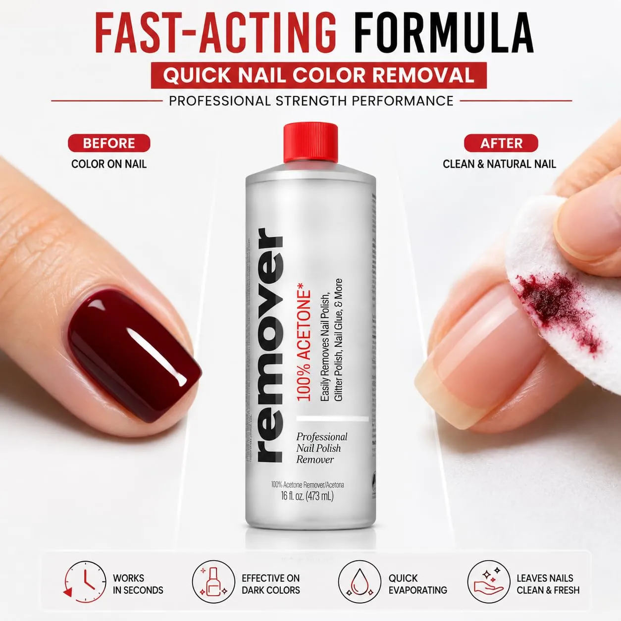 Acetone Nail Polish Remover Liquid for Nail Color Removal | Clear Fast-Evaporating Formula | Large 16 fl oz Bottle | Suitable for Salon and Home Use