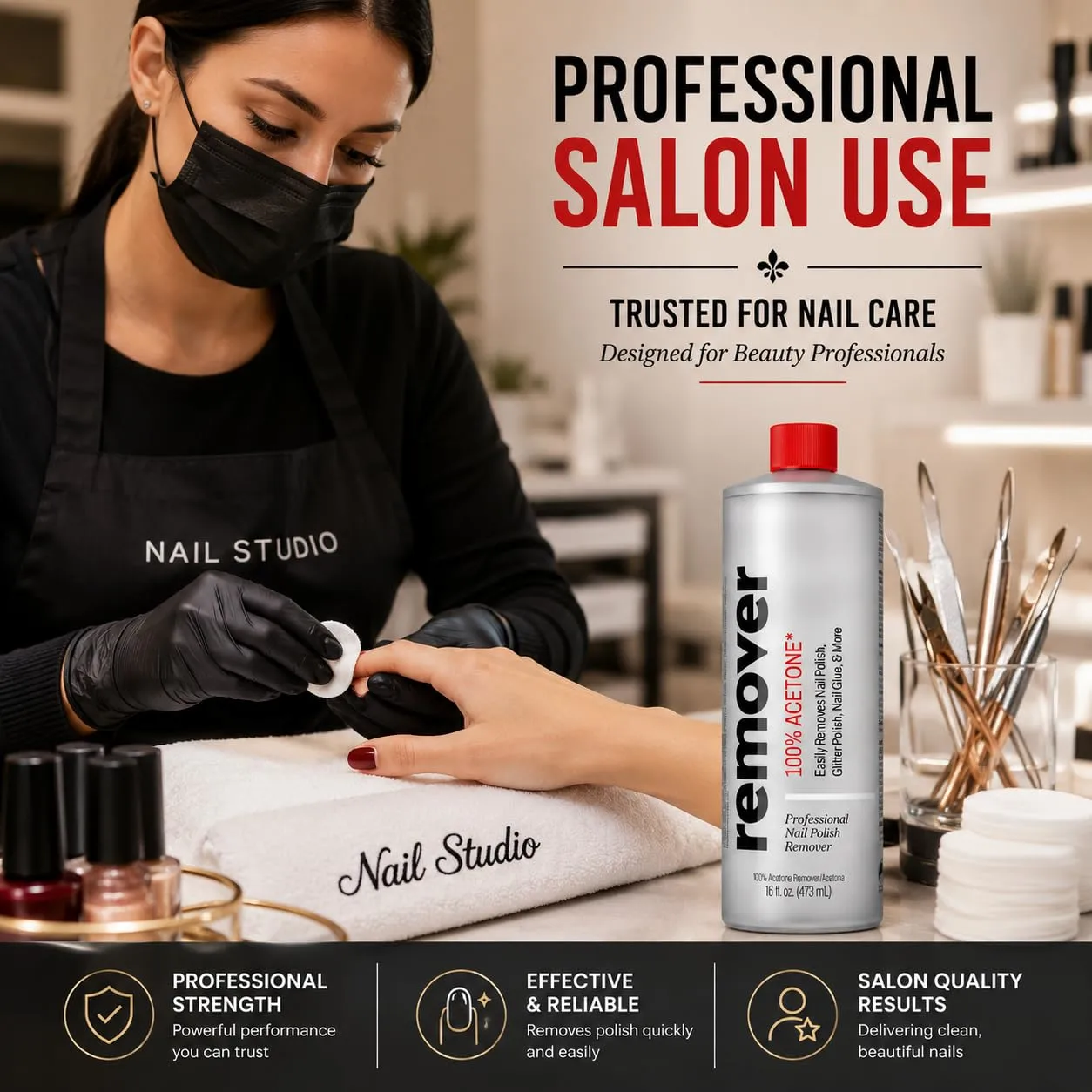 Acetone Nail Polish Remover Liquid for Nail Color Removal | Clear Fast-Evaporating Formula | Large 16 fl oz Bottle | Suitable for Salon and Home Use