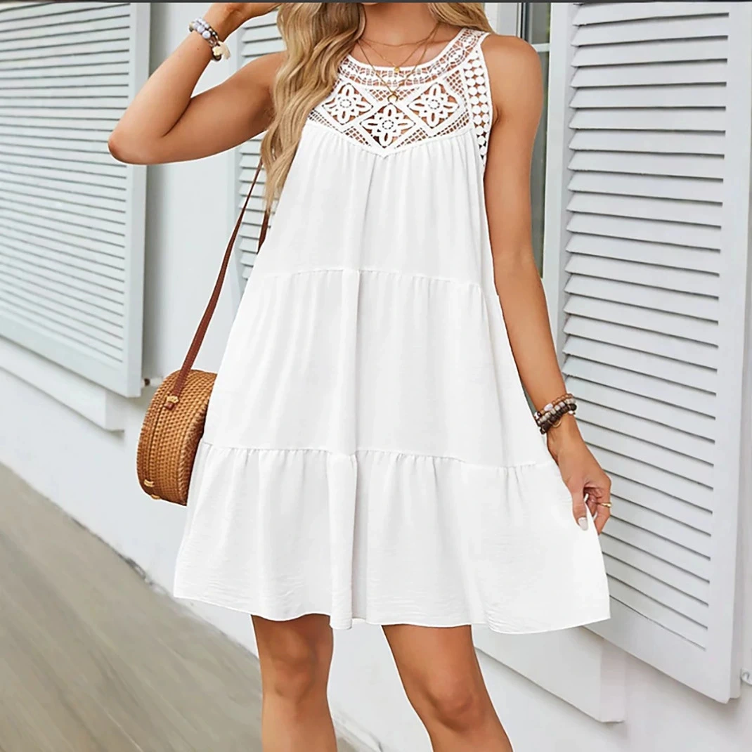 Womens Round-neck Spliced Short Skirt Dress