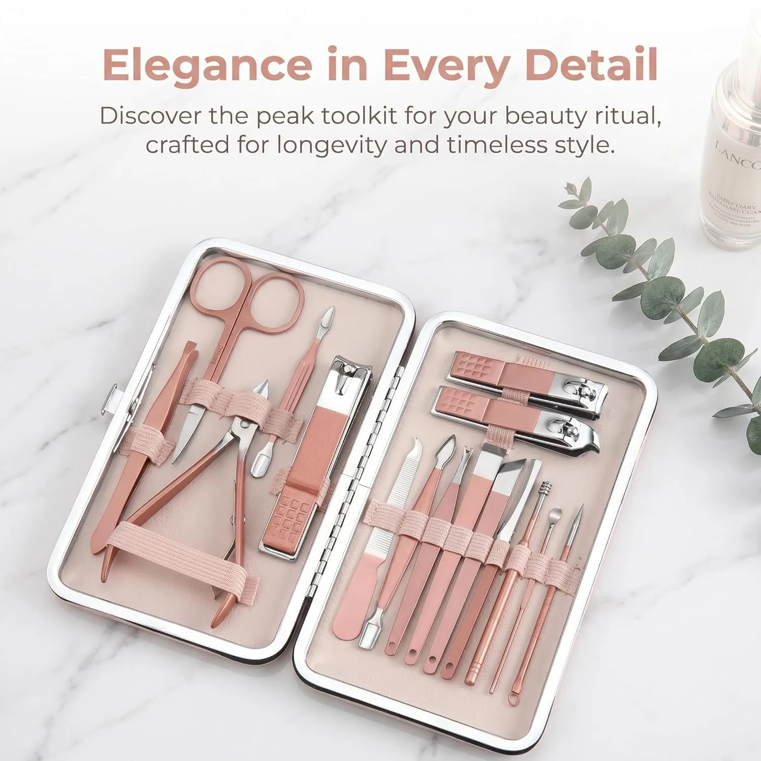 16 in 1 Manicure Pedicure Kit, Professional Nail Clipper Set, Stainless Steel Grooming Kit with Cuticle Tools, Portable Travel Nail Care Kit for Men Women, Pink