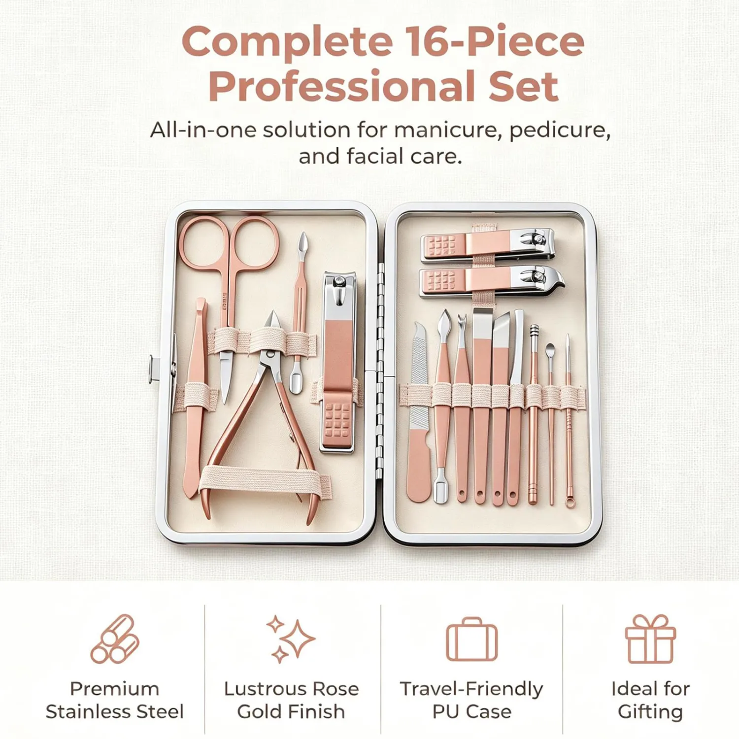 16 in 1 Manicure Pedicure Kit, Professional Nail Clipper Set, Stainless Steel Grooming Kit with Cuticle Tools, Portable Travel Nail Care Kit for Men Women, Pink