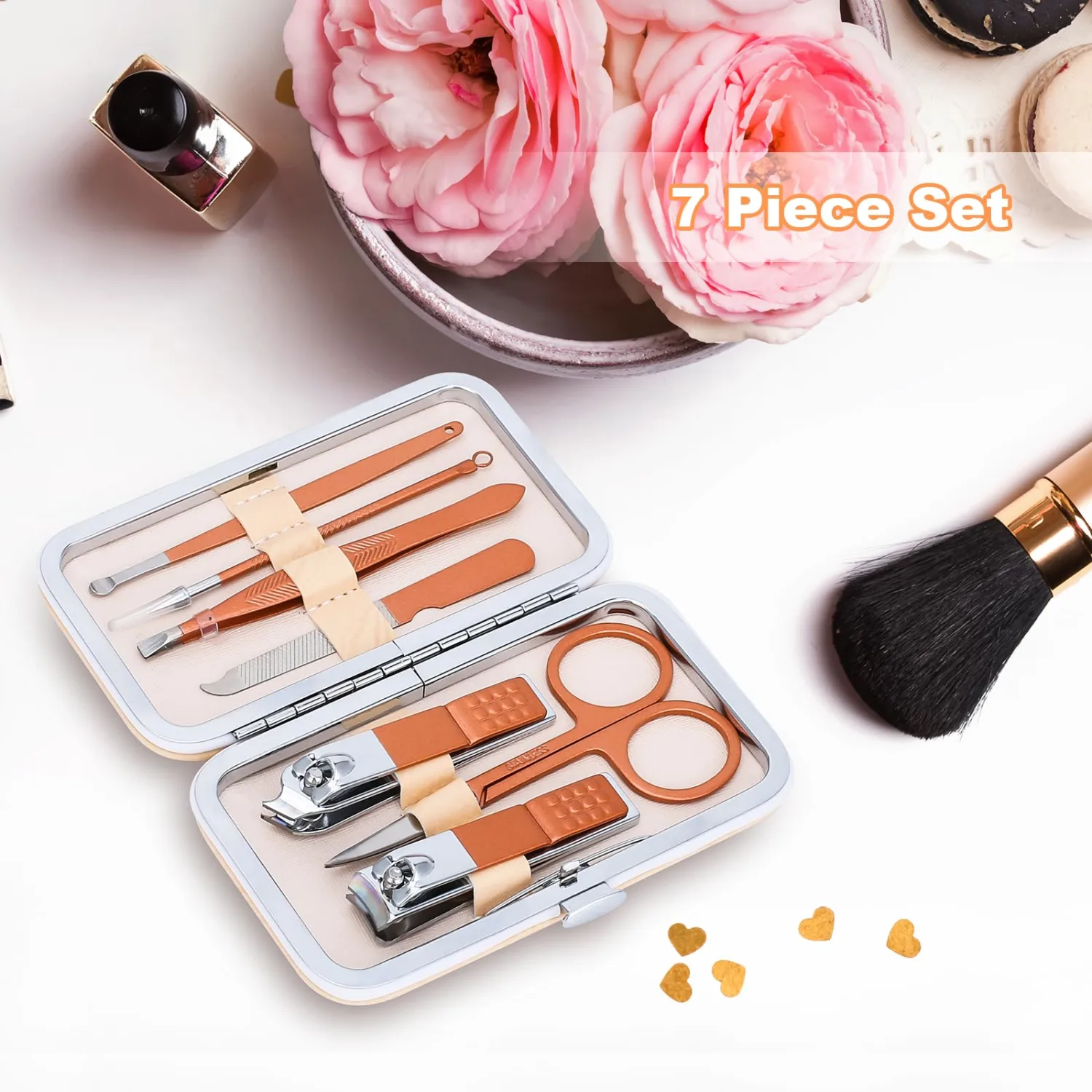 Manicure Set-Stainless Steel Nail Care Set-Professional 7 in 1 Ingrown Toenail Clipper Grooming Tool-Pedicure Kit & Toe Nail Cutter-Thick Nail Scissors Toiletries with Cuticle Trimmer (Rose Gold)