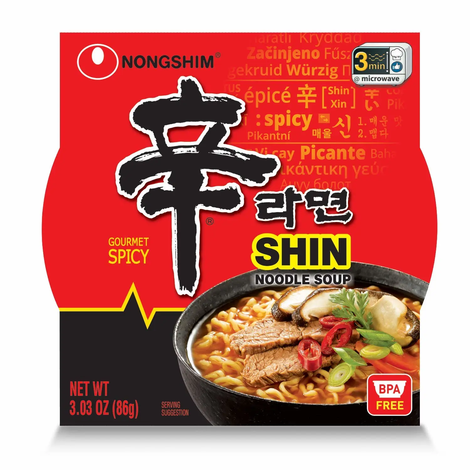 Nongshim Shin Bowl Noodle Soup, Gourmet Spicy, 3.03 Ounce
