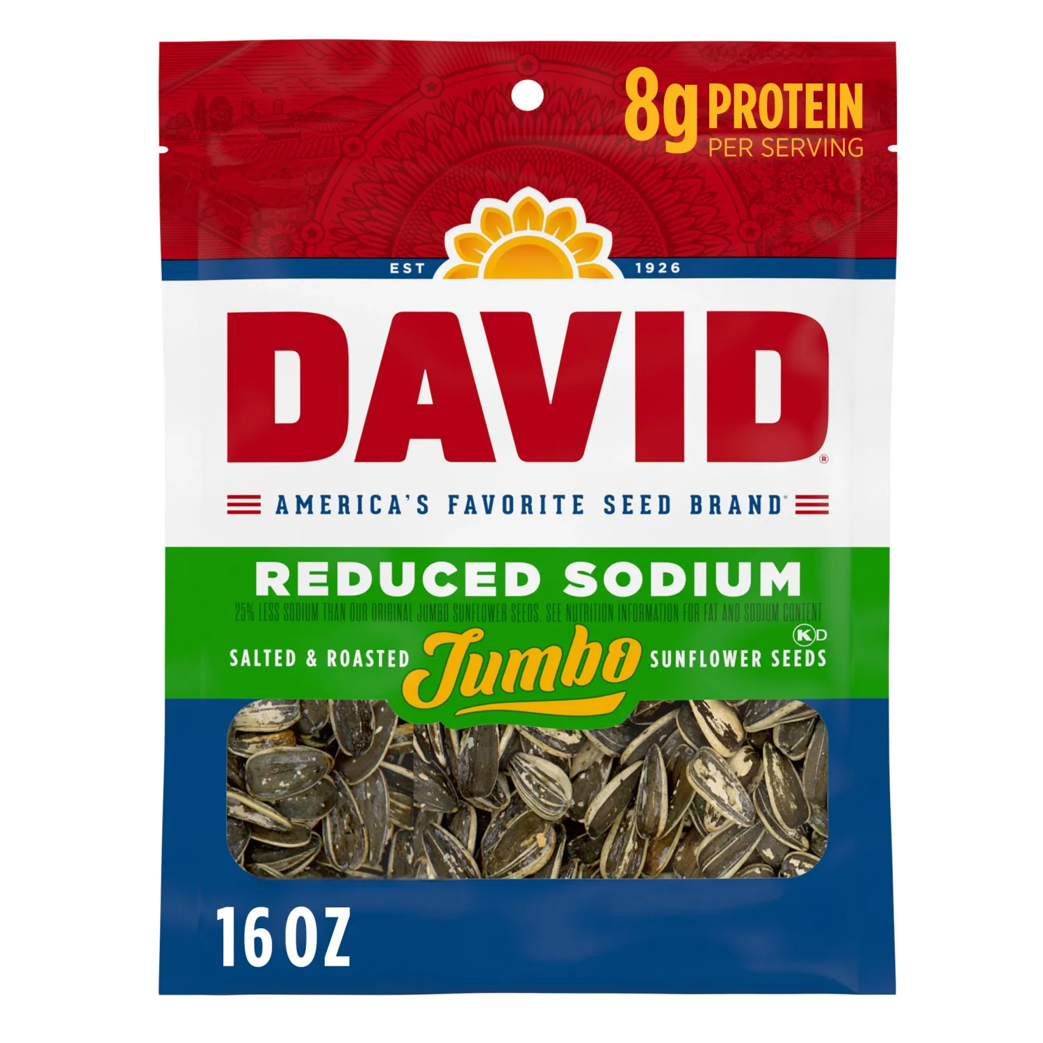 DAVID Reduced Sodium Sunflower Seeds, Original Flavor, Father's Day Baseball Snack for Dad, 16 oz.