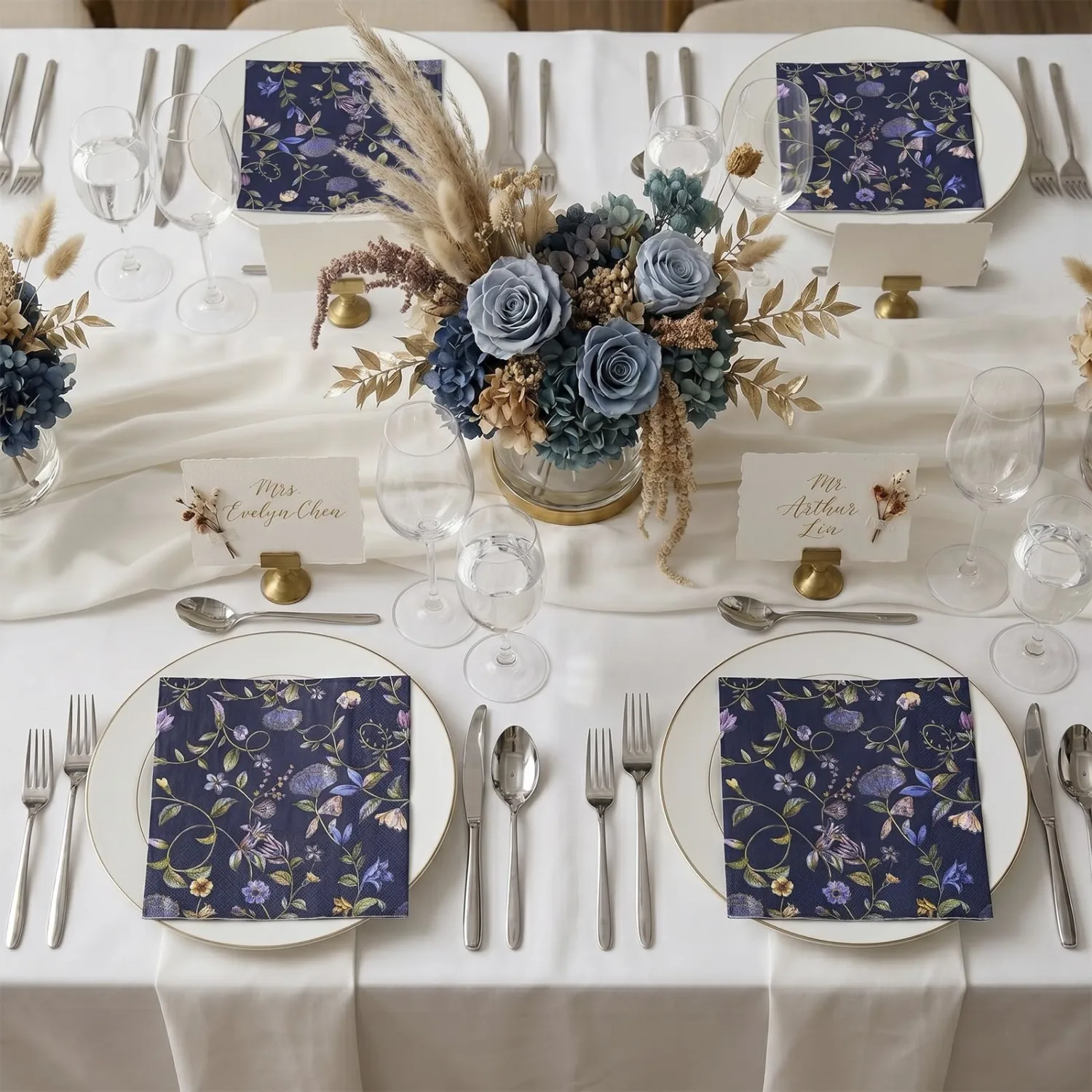 Party Paper Napkins, 50 Sheets Decorative Floral Luncheon Napkins for Birthdays, Events, Decoupage, Navy Nightshade, 3-Ply, 6.5 x 6.5 Inches