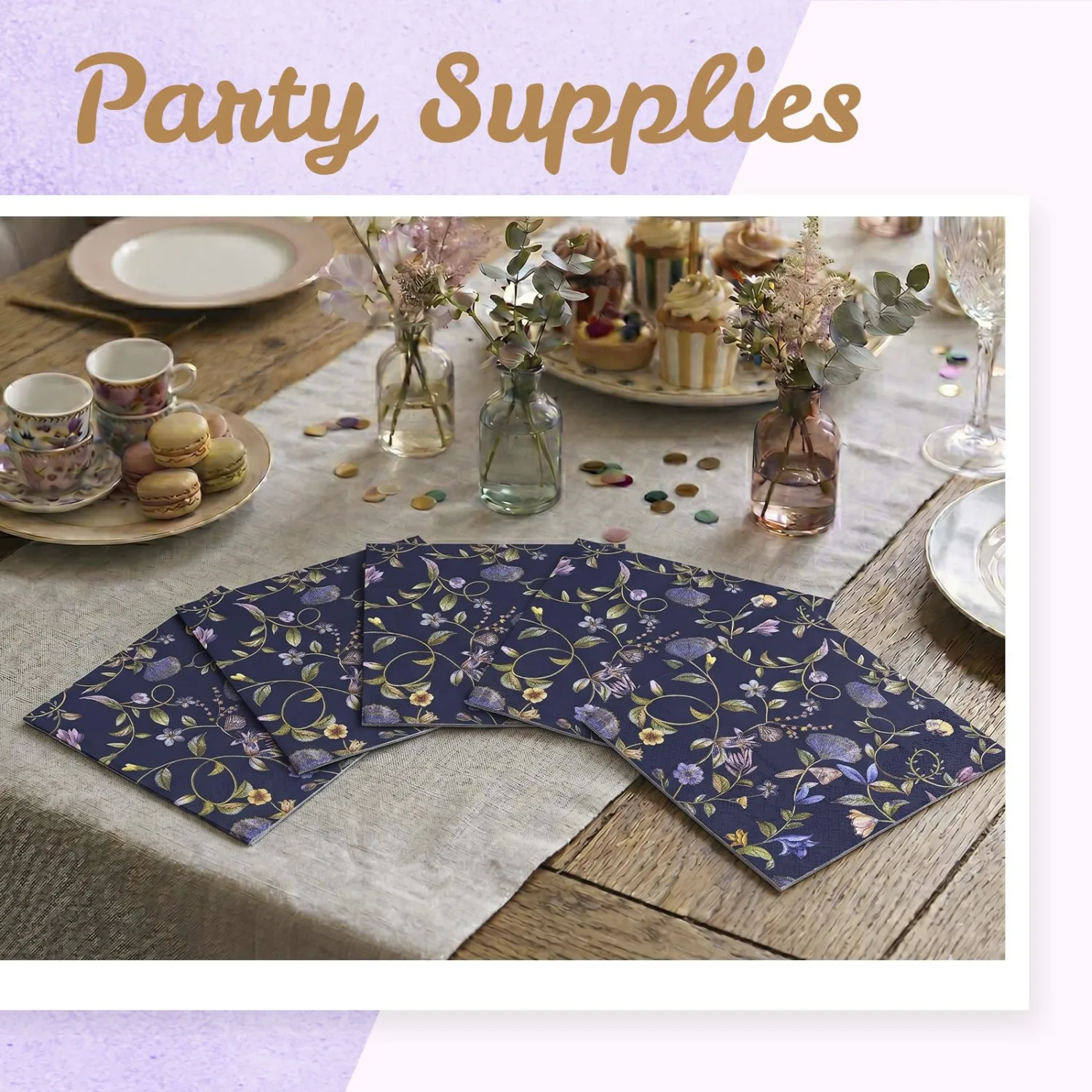 Party Paper Napkins, 50 Sheets Decorative Floral Luncheon Napkins for Birthdays, Events, Decoupage, Navy Nightshade, 3-Ply, 6.5 x 6.5 Inches