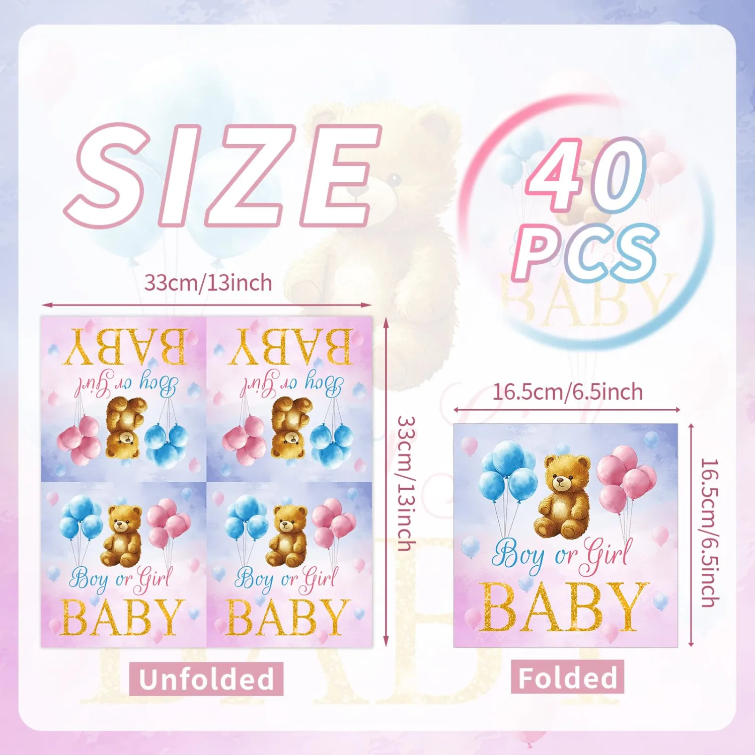 40 Pcs Baby Gender Reveal Napkins- Pink and Blue Boy or Girl Napkin, 3-Ply Baby Bear Luncheon Dinner Paper Napkins Disposable set for Gender Reveal Party Decorations Supplies Table Decor Favors