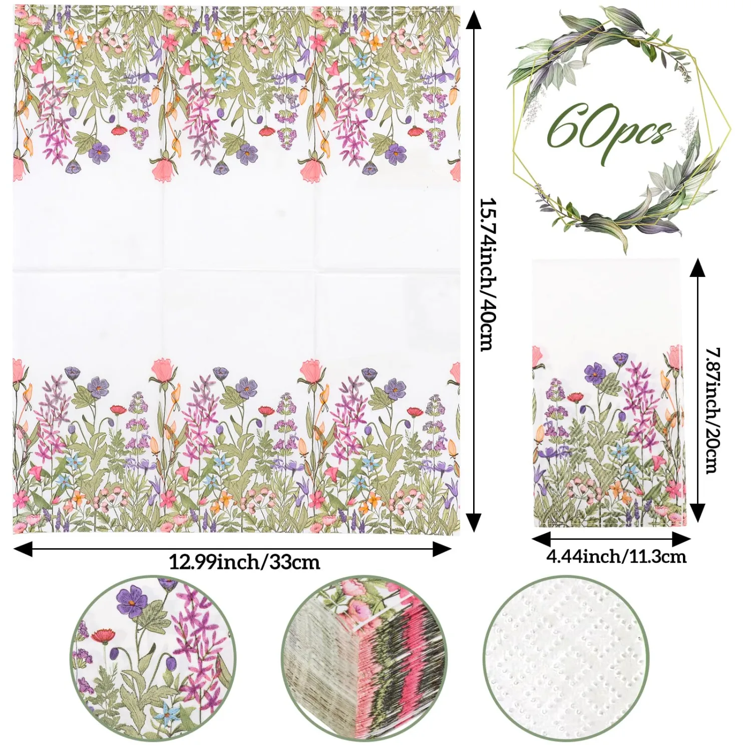 60 Pcs Floral Napkins Disposable Flower Paper Napkins Wildflower Theme Party Supplies Hand Towels Decorative Paper Guest for Bathroom Home Dinner Wedding Baby Shower Birthday Party Supplies