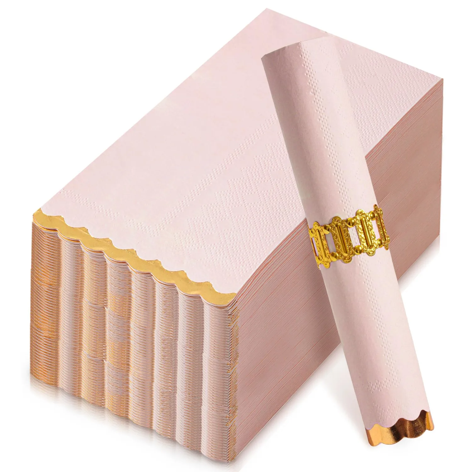 Pink Gold Foil Scalloped Edge Dinner Napkins 50 Pack - Elegant Disposable Guest Napkins for Wedding, Bridal Shower, Baby Shower, Birthday & Valentine's Day (4 x 8 Inches)
