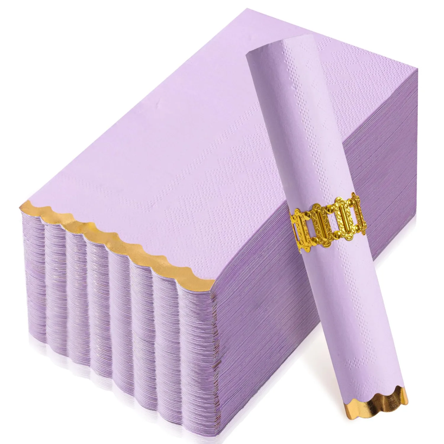 50 Pack Purple Napkins Paper Decorative, Gold Foil Scalloped Edged Guest Napkins Disposable, Lavender Napkins for Wedding, Bridal Shower, Baby Shower, Tea Party & Birthday (4 x 8 In, Purple)