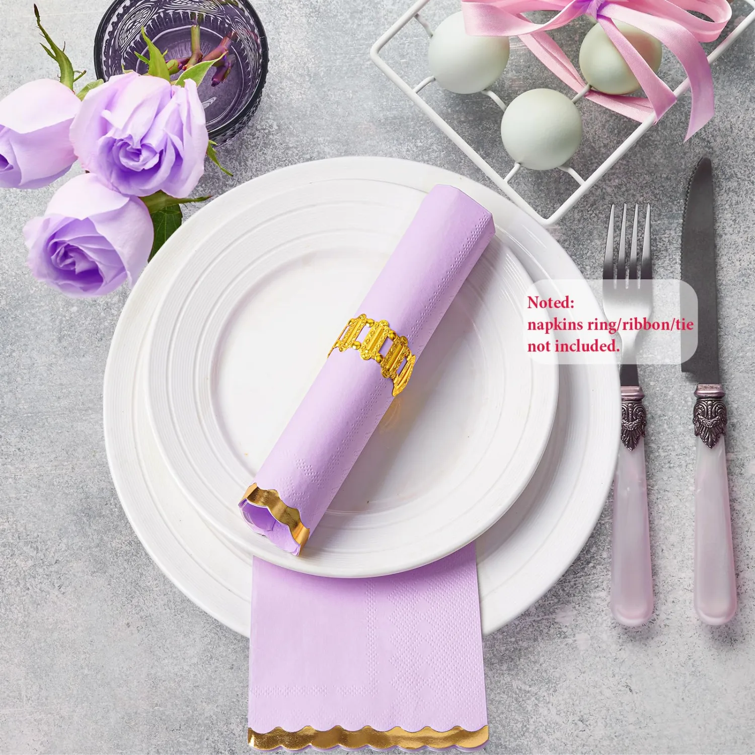50 Pack Purple Napkins Paper Decorative, Gold Foil Scalloped Edged Guest Napkins Disposable, Lavender Napkins for Wedding, Bridal Shower, Baby Shower, Tea Party & Birthday (4 x 8 In, Purple)