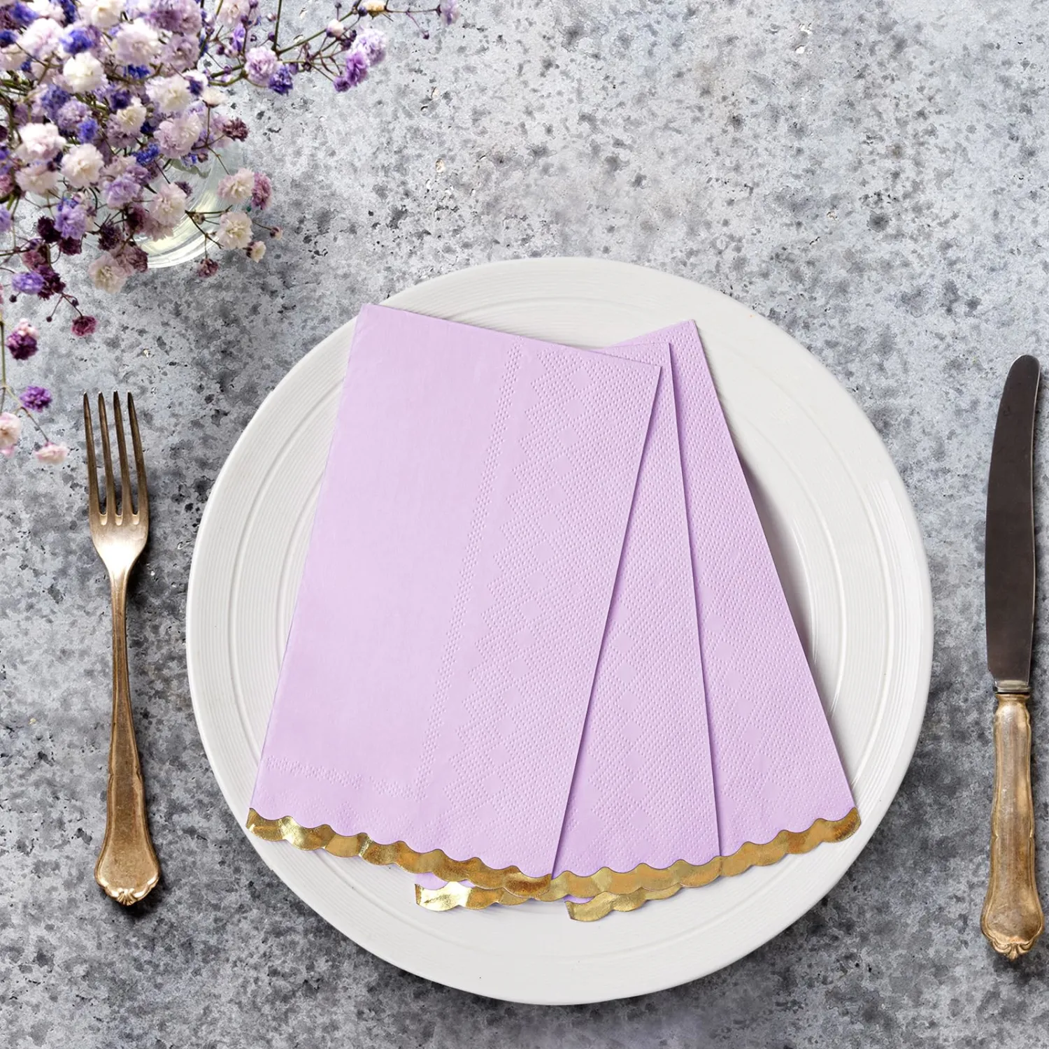 50 Pack Purple Napkins Paper Decorative, Gold Foil Scalloped Edged Guest Napkins Disposable, Lavender Napkins for Wedding, Bridal Shower, Baby Shower, Tea Party & Birthday (4 x 8 In, Purple)