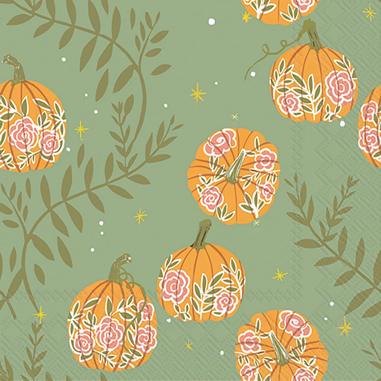 IHR Ideal Home Range Party Napkins Disposable 3-Ply Paper Lunch Napkin Pack, 6.5" x 6.5", Pumpkins with Roses, 20-Count