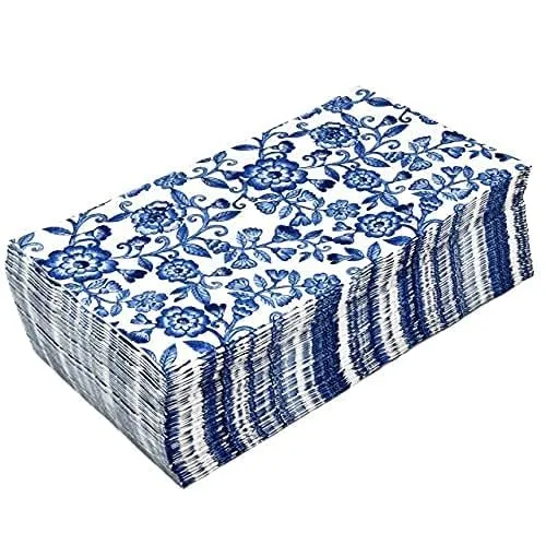 Gift Boutique Blue Floral Guest Napkins 100 Count Disposable Paper Hand Towels Chinoiserie Tea Party Spring Bridal Baby Shower Bathroom Decor