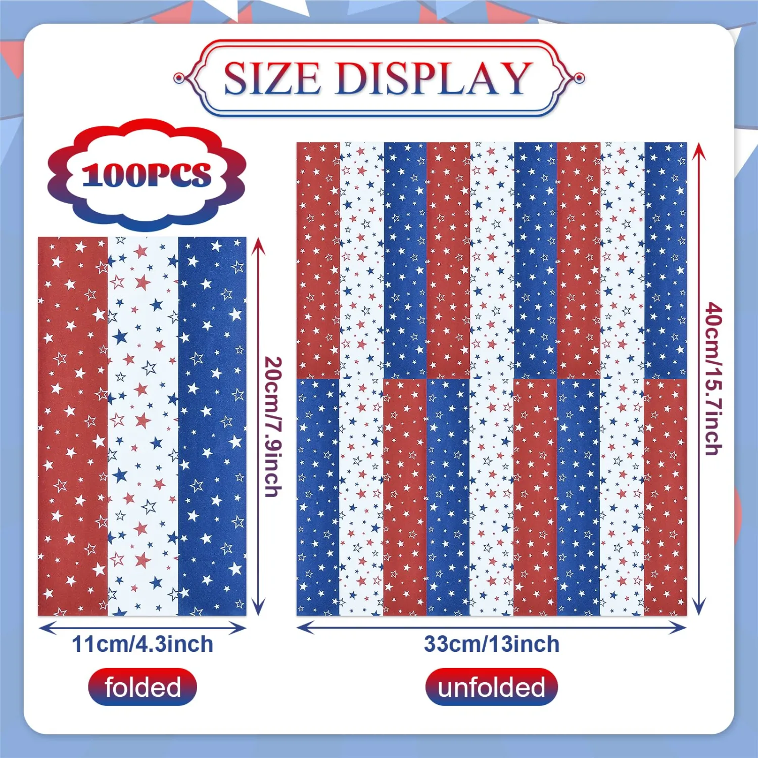 100 Pack Patriotic Star Paper Napkins – 13 x 16 Inches Unfolded, Disposable Red White Blue Star Napkins for 4th of July 250th Anniversary, Independence Day, Memorial Day Patriotic Party Decorations