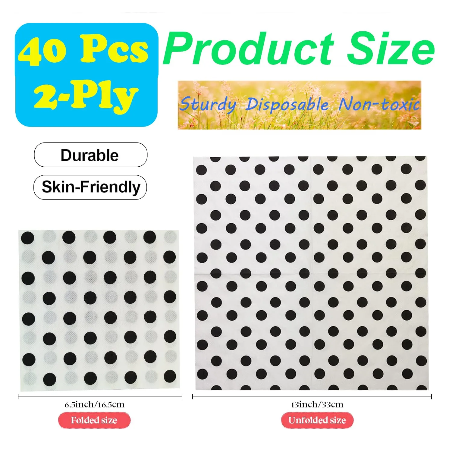Black Polka Dots White Napkins, 2-Ply Disposable,Wedding Party Napkins Paper Everyday for Birthday Graduation Shower (BlackDots/White),40 pcs 6.5 in