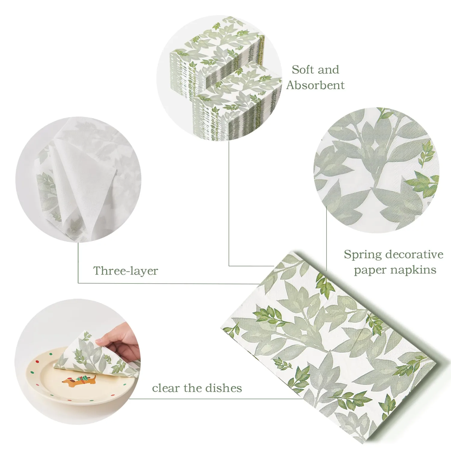 200 Count Floral Fancy Paper Napkins,3 Ply Green Leaves Disposable Napkins Decorative for Dinner Supplies,Parties, Spring and Summer Birthday Party