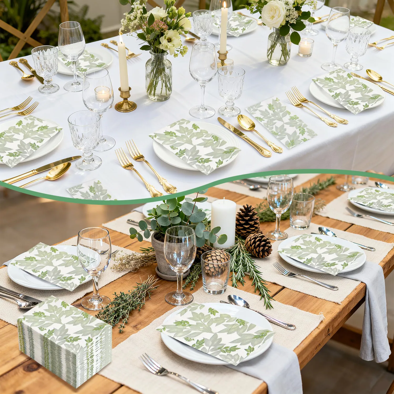 200 Count Floral Fancy Paper Napkins,3 Ply Green Leaves Disposable Napkins Decorative for Dinner Supplies,Parties, Spring and Summer Birthday Party