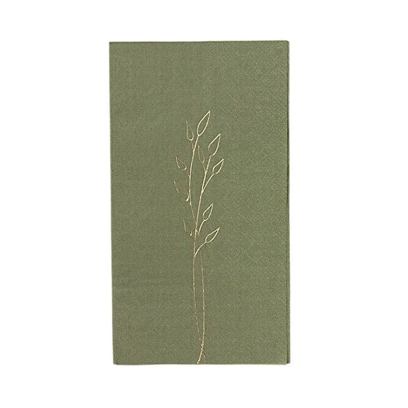 50 Olive Green Soft 2 Ply Disposable Dinner Paper Napkins Embossed Gold Leaves Wedding Party Events Reception Catering Buffet Dining Decorations Supplies