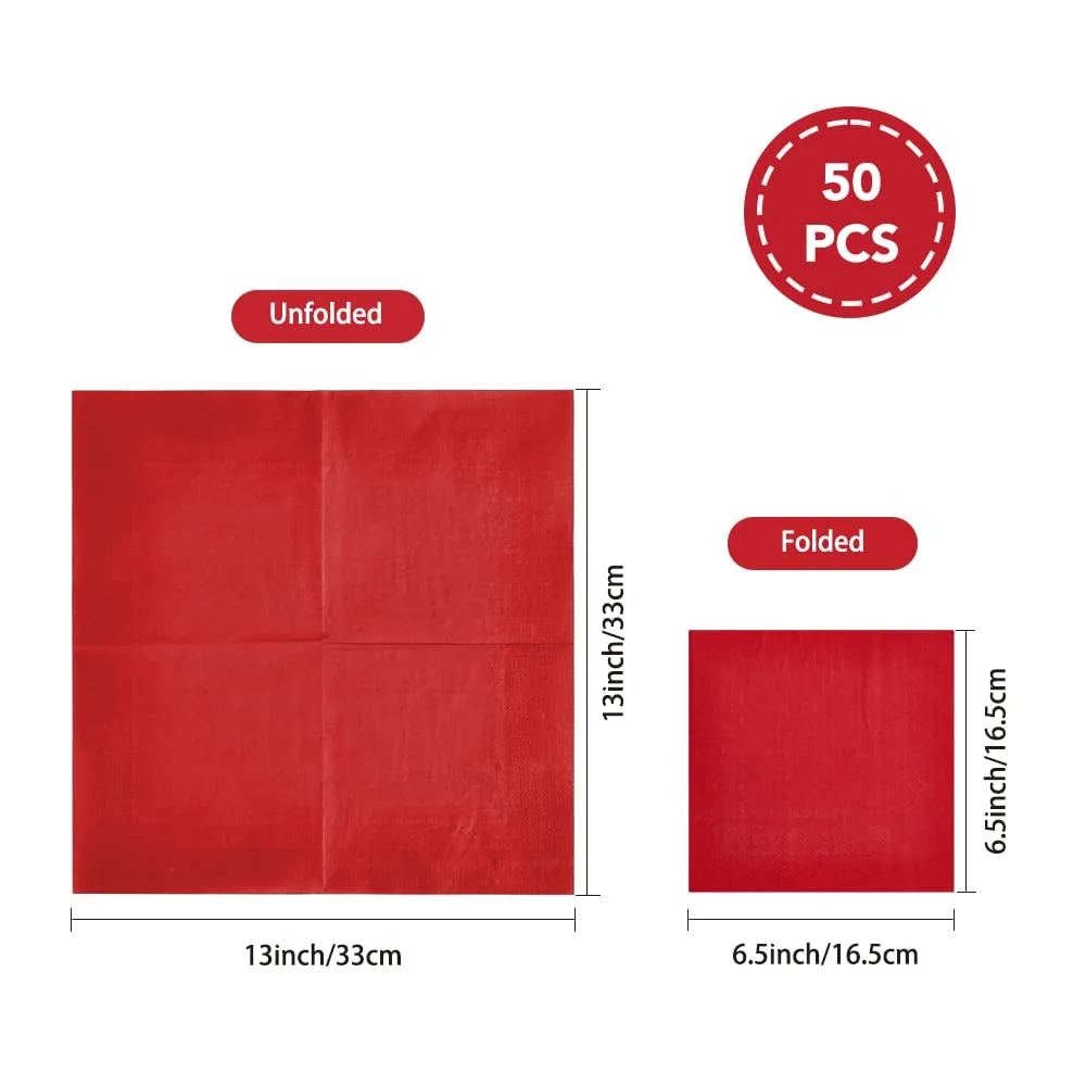 Ottin 50-pack Red Valentine's Paper Dinner Napkins, 3-Ply 6.5 x 6.5 Inch Disposable Luncheon Napkins for Birthday, Wedding Party Engagement, President's Day, Mother's Day, Memorial Day