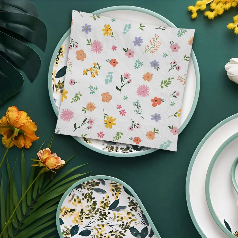 Vibrant Multicolor Paper Springtime Blooms Luncheon Napkins - 6.5" x 6.5" (Pack of 16) - Unique Design, Eco-Friendly & Durable Napkins - Great for Spring Garden Parties