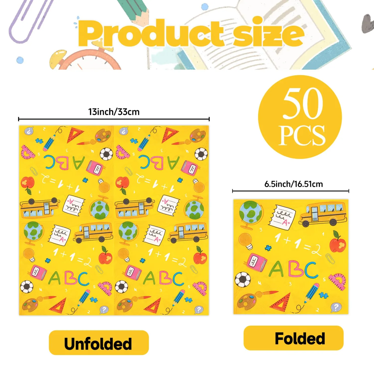 50pcs Back to School Paper Napkins, Disposable Yellow Schoolbus Ruler Scales Book Apples Luncheon Napkins for Kindergarten Teacher Appreciation Kindergarten First Day of School Classroom Decoration