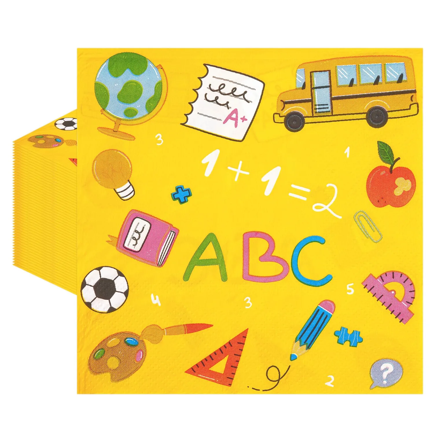 50pcs Back to School Paper Napkins, Disposable Yellow Schoolbus Ruler Scales Book Apples Luncheon Napkins for Kindergarten Teacher Appreciation Kindergarten First Day of School Classroom Decoration