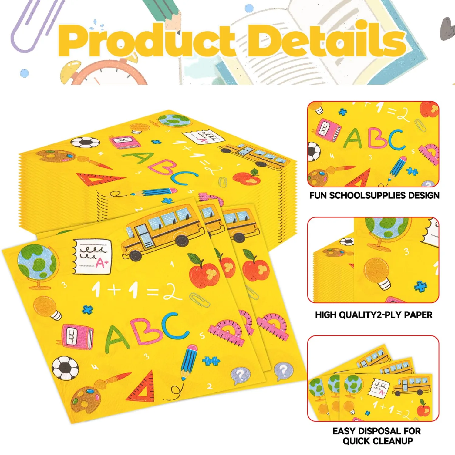 50pcs Back to School Paper Napkins, Disposable Yellow Schoolbus Ruler Scales Book Apples Luncheon Napkins for Kindergarten Teacher Appreciation Kindergarten First Day of School Classroom Decoration