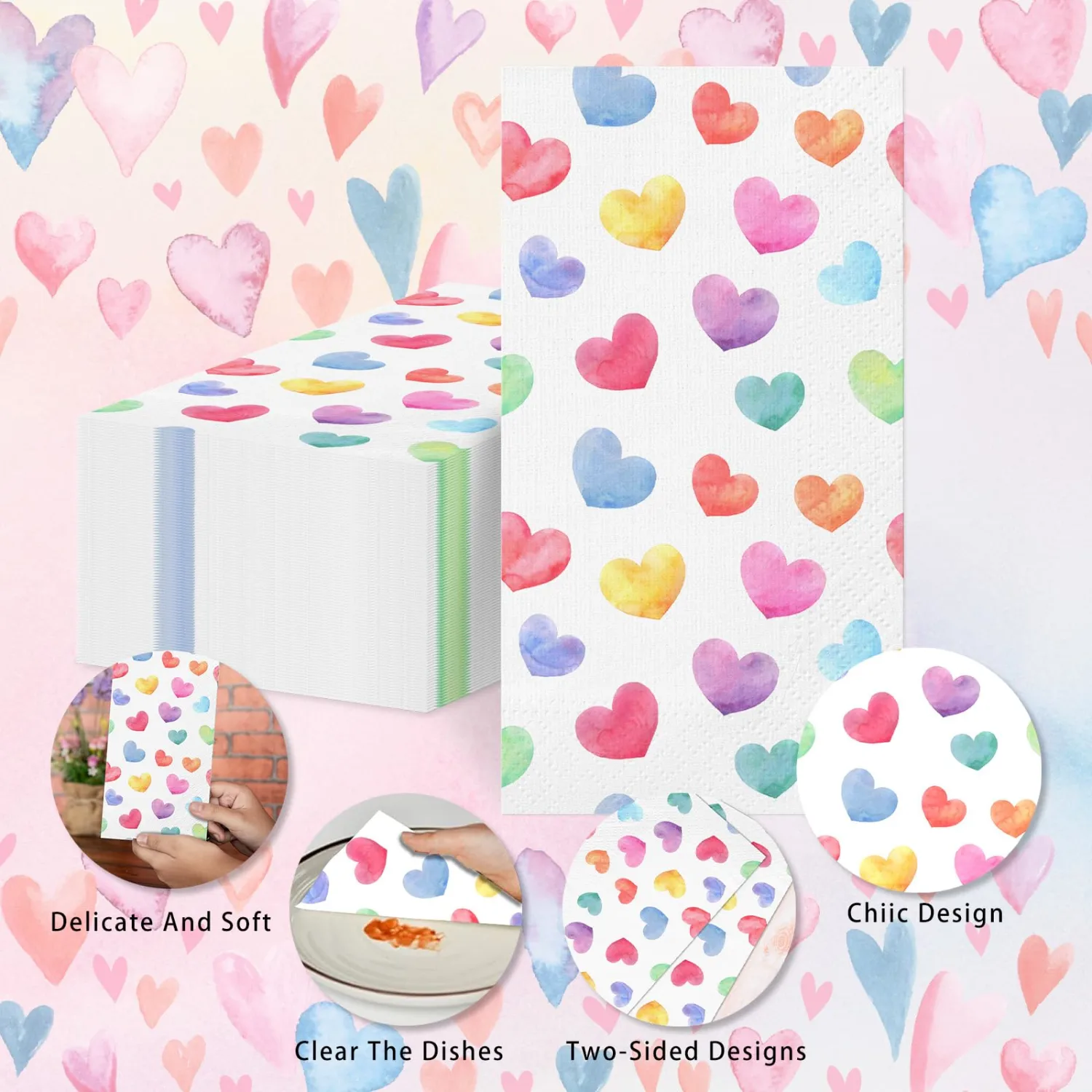 100-Pack Valentine's Day Paper Napkins, Heart Disposable Napkins, Colorful Decorative Guest Towels for Bathroom, Kitchen, Party Supplies (Birthday, Wedding, Holiday)