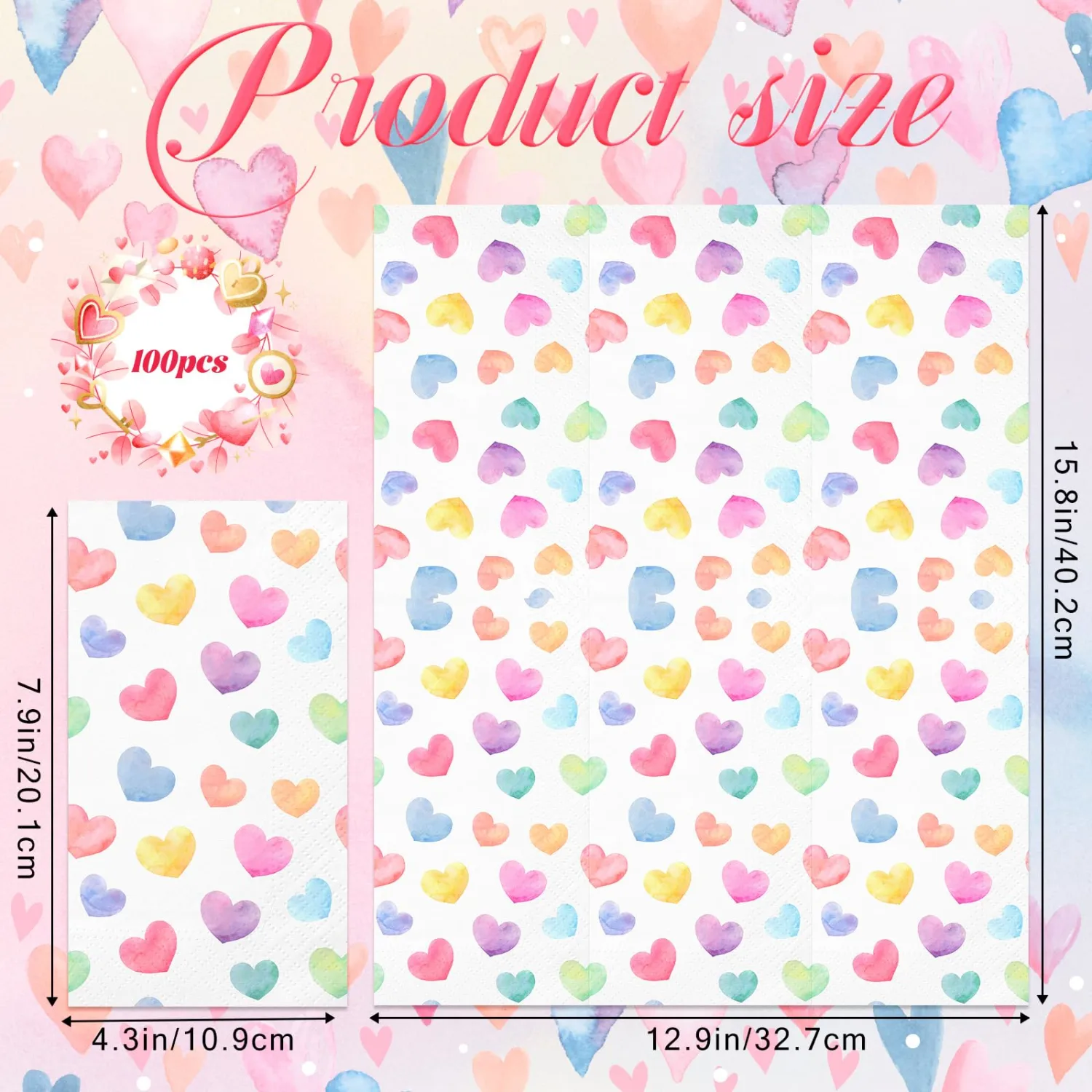 100-Pack Valentine's Day Paper Napkins, Heart Disposable Napkins, Colorful Decorative Guest Towels for Bathroom, Kitchen, Party Supplies (Birthday, Wedding, Holiday)