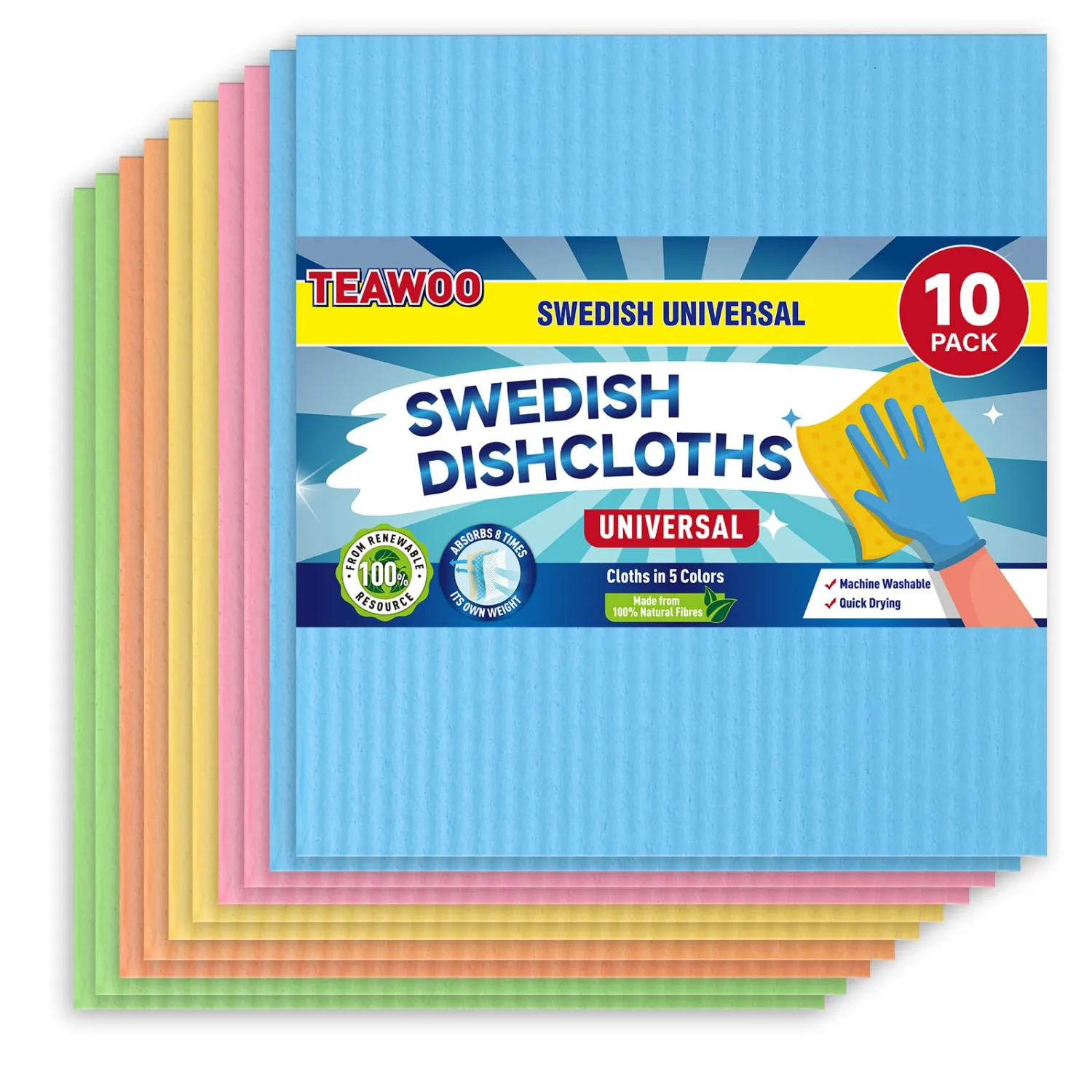 TEAWOO Swedish Dishcloths, 10 Pack, Ultra Absorbent Cellulose Kitchen Cloths, Reusable Paper Towels, Multi-Purpose Cleaning Rags for Kitchen & Bathroom (5 Assorted Colors)
