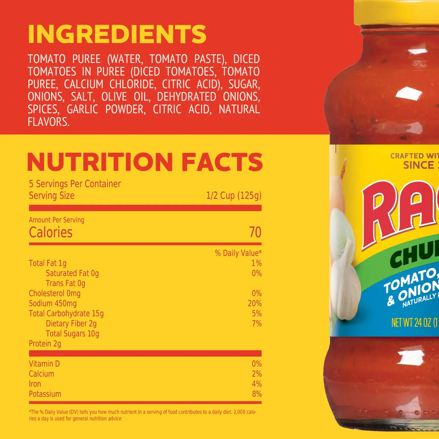 RAGÚ Chunky Tomato, Garlic and Onion Pasta Sauce, Diced Tomatoes, Delicious Garlic and Onions, and Italian Herbs and Spices, 24 oz (Pack of 6)