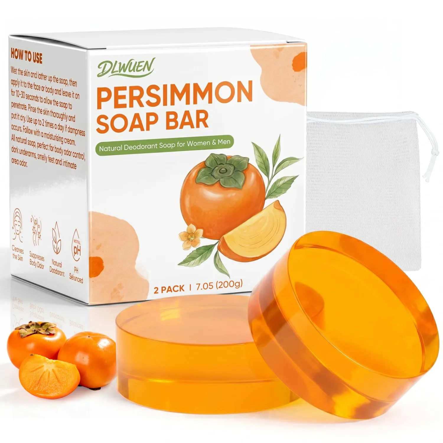 2 Pack Round Persimmon Soap Bar, Natural Deodorant Soap Bar for Body Odor Control, Organic Persimmon Soap for Old People Smell, Gentle on All Skin Types, Eliminating Odor Wash Soap for Women & Men