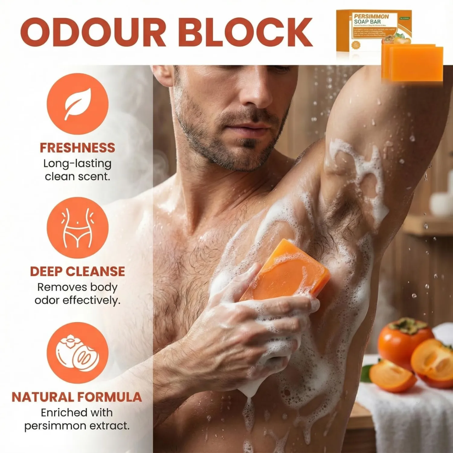 Persimmon Soap Bar for Body Odor Control, Eliminating Body Odor, 2 PACK Body Wash Soap for Women & Men, Persimmon Soap for Old People Smell, Purifying Deodorizing Face & Body Wash