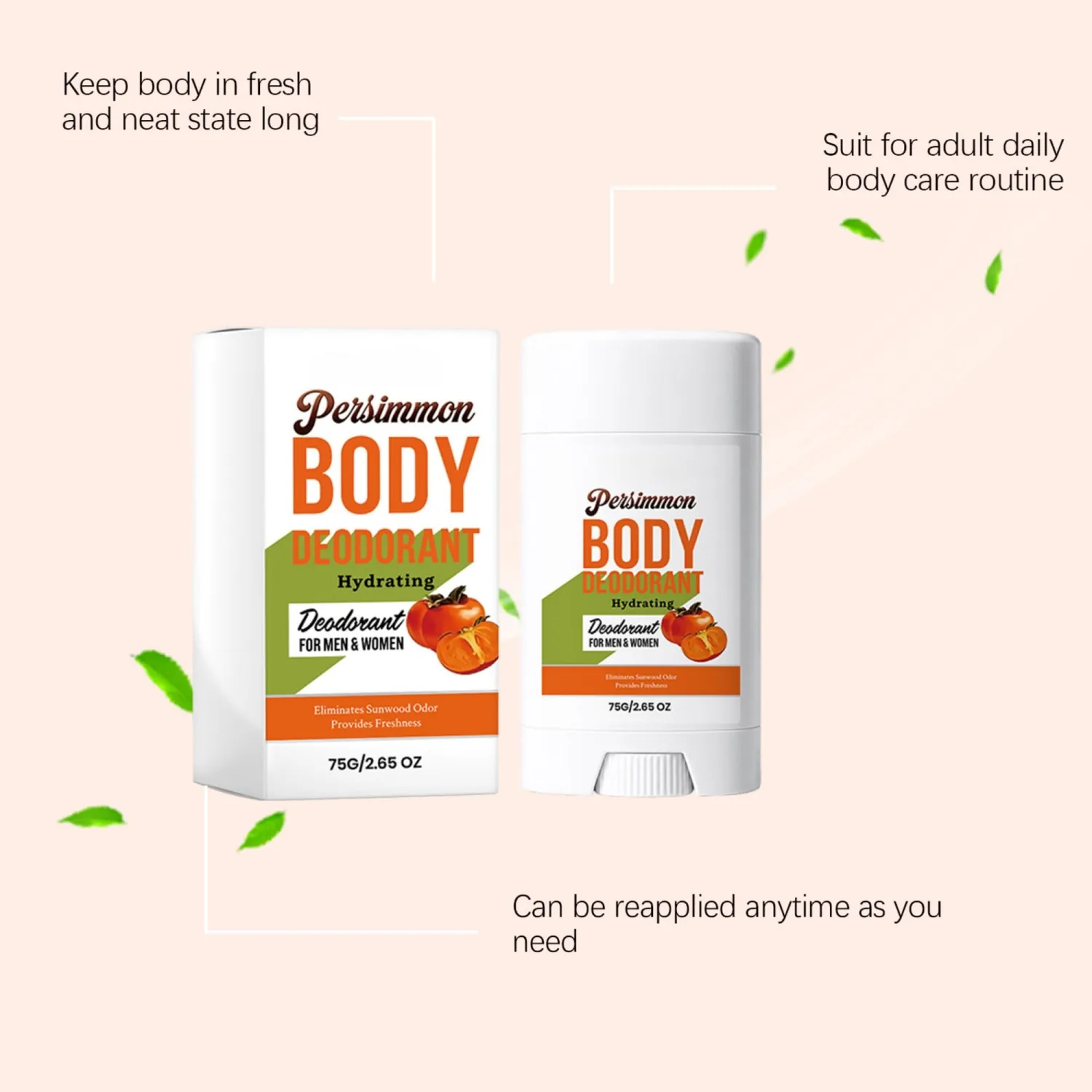 Persimmon Body Deodorant Stick for Women & Men, Aluminum-Free, Whole Body Use Odor Eliminator, Long-Lasting Freshness, Portable Deodorant for Armpit, Feet & Daily Care
