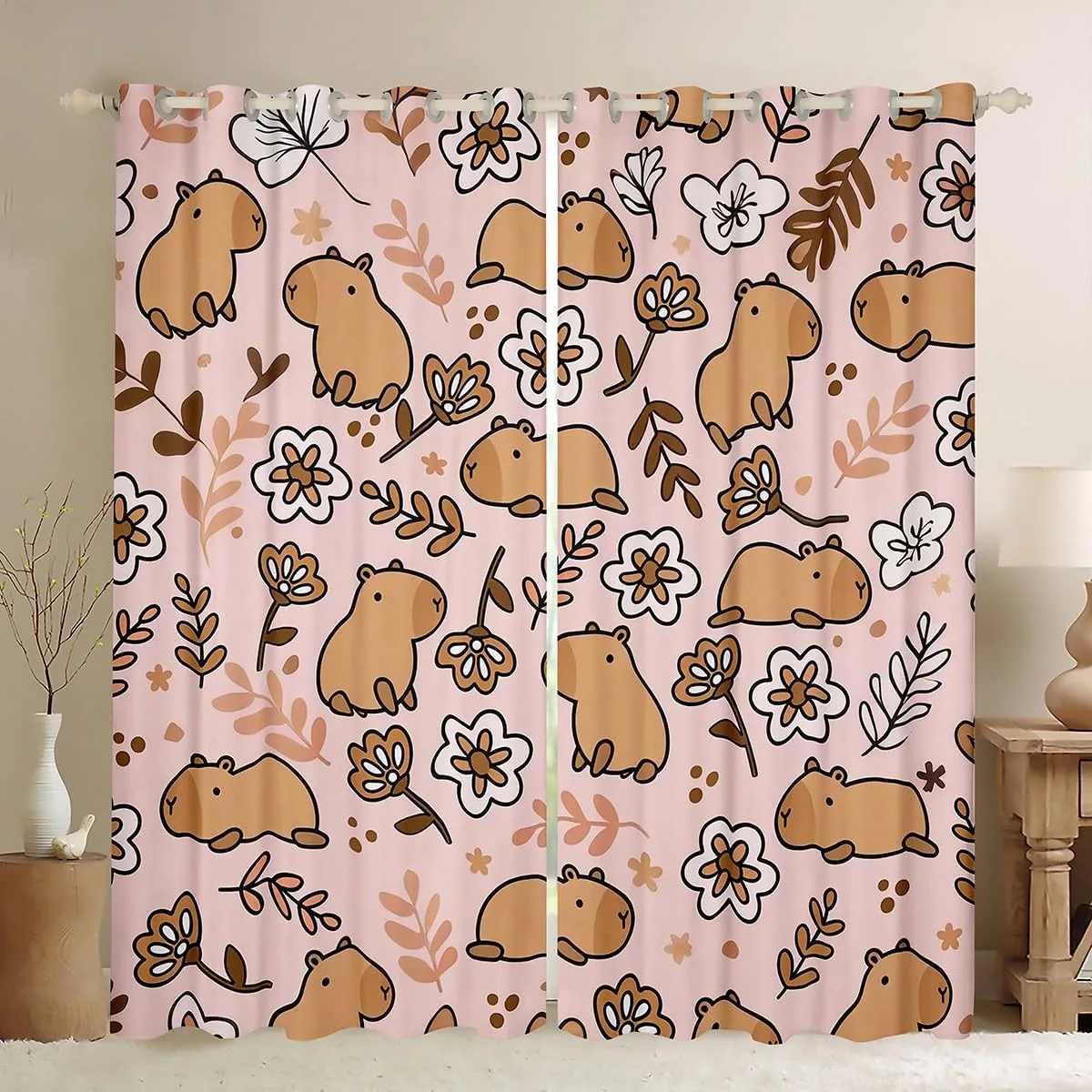 Erosebridal Capybara Window Curtains 2 Panel Sets 52 X 63 Inch, Cute Animals Blackout Curtains for Kids Boys Girls, Branches Window Treatments Drapes Decor for Living Room, Florals Decor, Pink