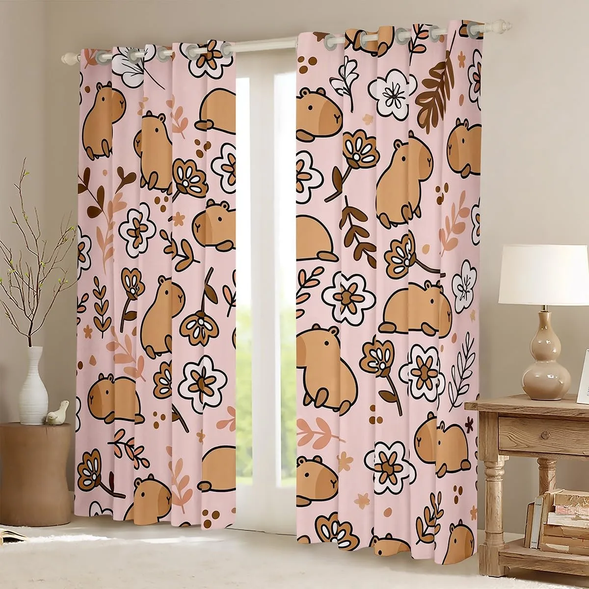Erosebridal Capybara Window Curtains 2 Panel Sets 52 X 63 Inch, Cute Animals Blackout Curtains for Kids Boys Girls, Branches Window Treatments Drapes Decor for Living Room, Florals Decor, Pink