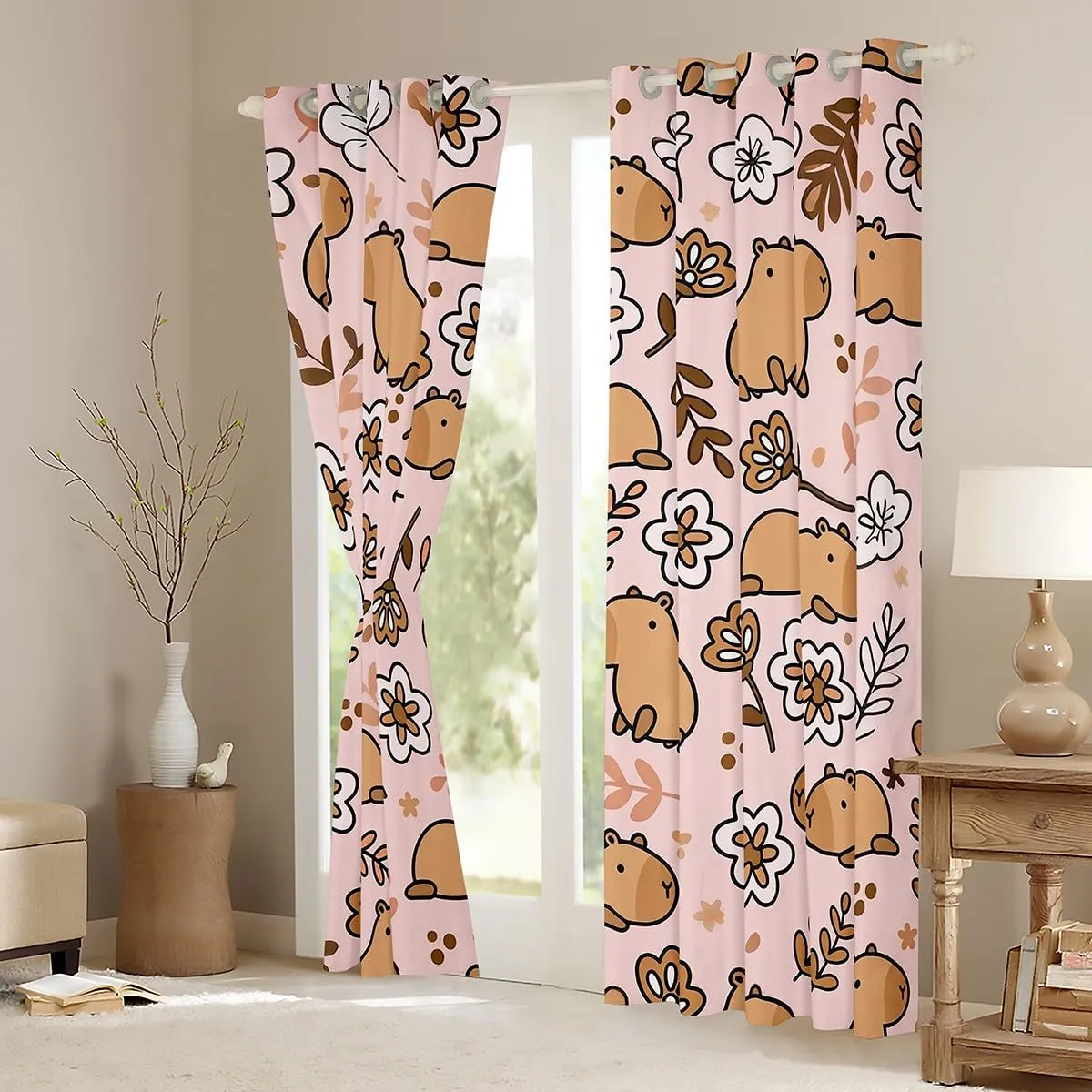 Erosebridal Capybara Window Curtains 2 Panel Sets 52 X 63 Inch, Cute Animals Blackout Curtains for Kids Boys Girls, Branches Window Treatments Drapes Decor for Living Room, Florals Decor, Pink