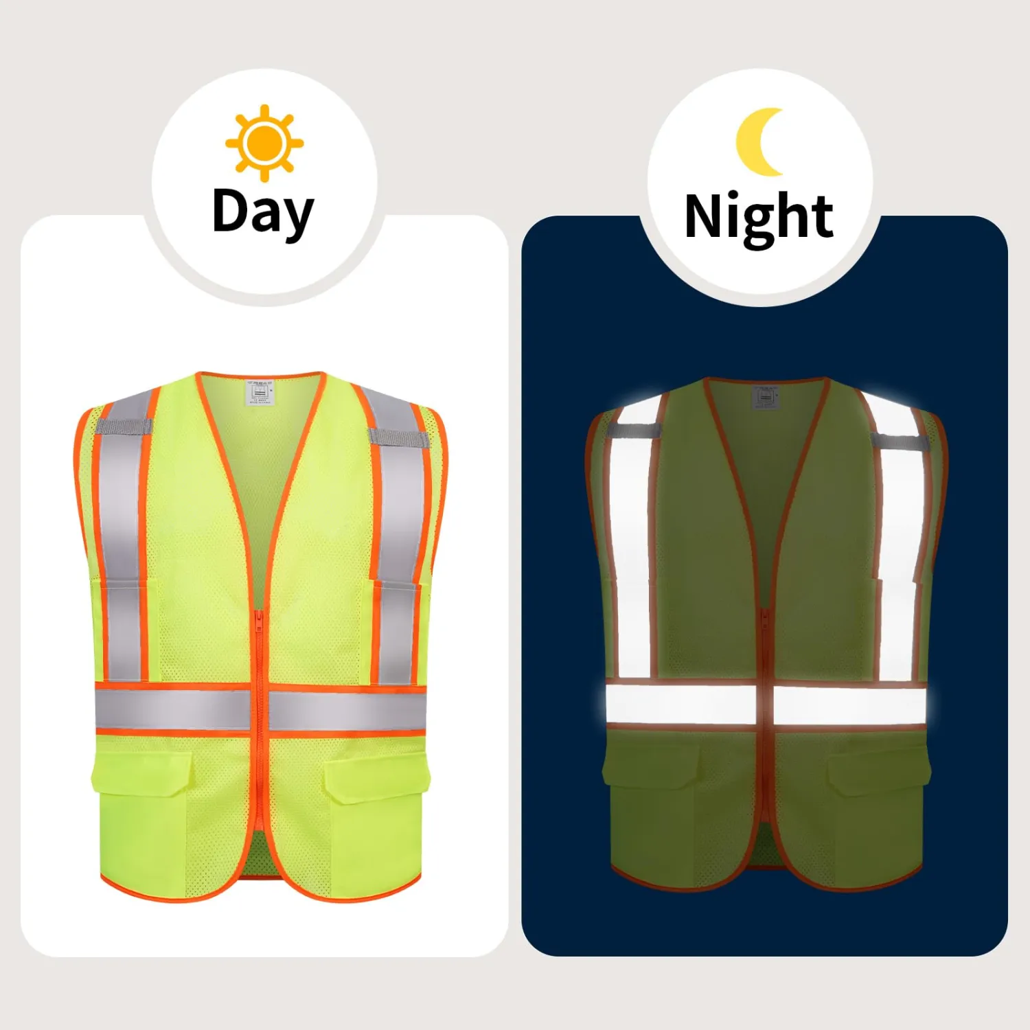 Custom Logo Safety Vest Mesh Reflective Vest Class 2 ANSI Standard with Pockets Zipper Image Text