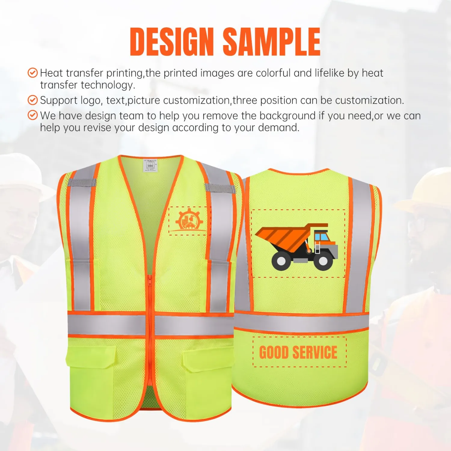 Custom Logo Safety Vest Mesh Reflective Vest Class 2 ANSI Standard with Pockets Zipper Image Text
