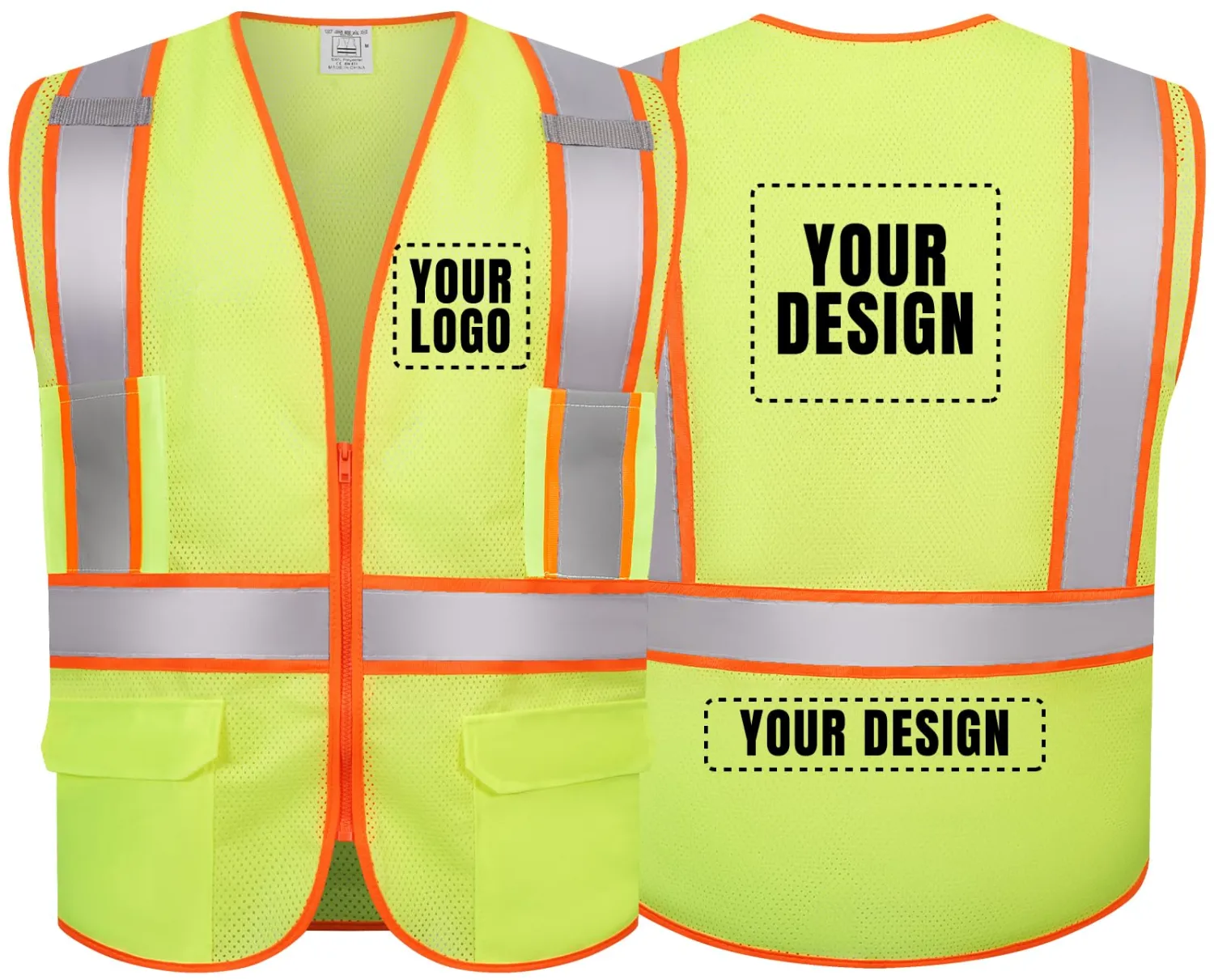 Custom Logo Safety Vest Mesh Reflective Vest Class 2 ANSI Standard with Pockets Zipper Image Text